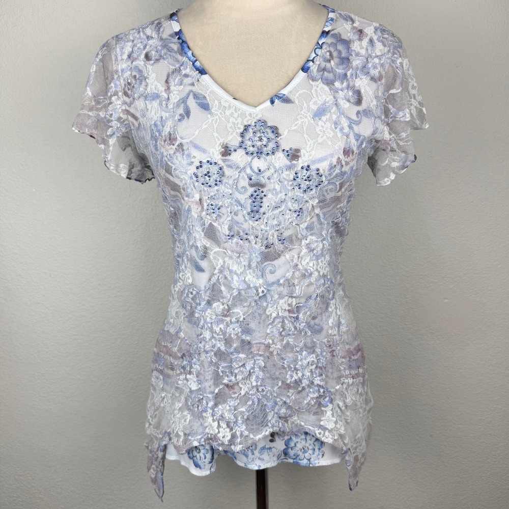 Roz & Ali Blue White Floral Lace Beaded Sequin Sharkbite Hem Top Sm Made In USA